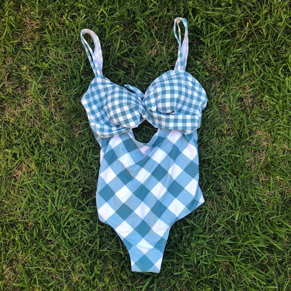 Bloom Muse High Waisted Blue Plaid Back Tie Suit
